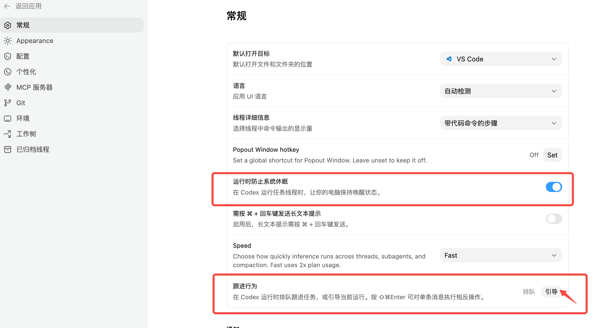 Codex 设置界面